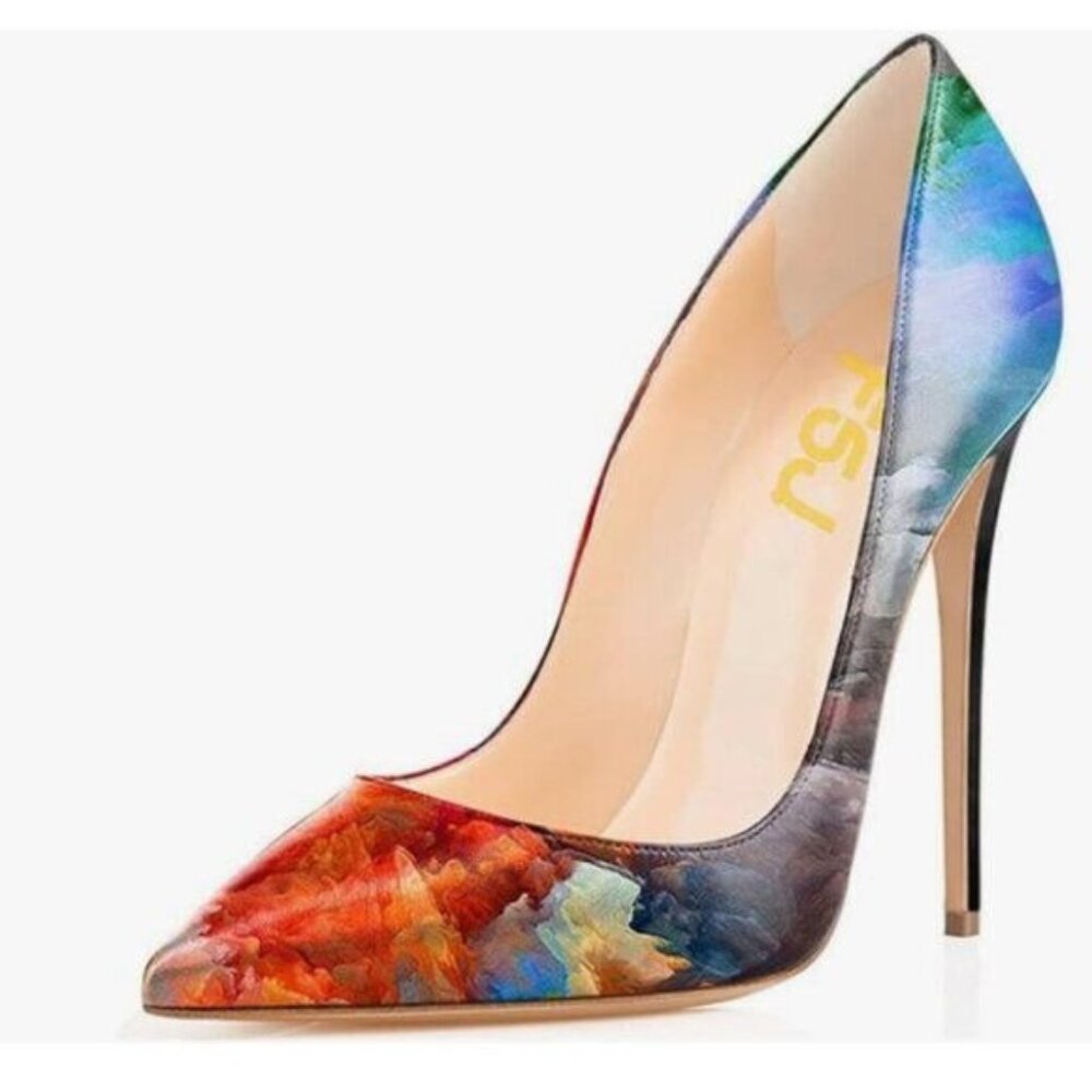 FSJ Sunset High Heel Pump Stilettos Pointy Toe Evening Party Dress Print Shoes